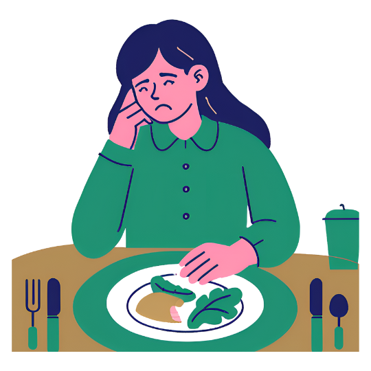 girl looking sad in front of a plate of food